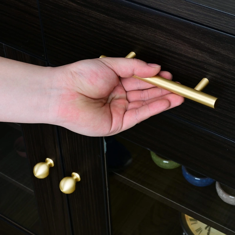 QogriSun Solid Brass Cabinet Pulls, Gold Euro Style T Bar Handles for Kitchen Drawer Dresser Cupboard Brushed Brass Finish