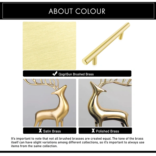 QogriSun Solid Brass Cabinet Pulls, Gold Euro Style T Bar Handles for Kitchen Drawer Dresser Cupboard Brushed Brass Finish