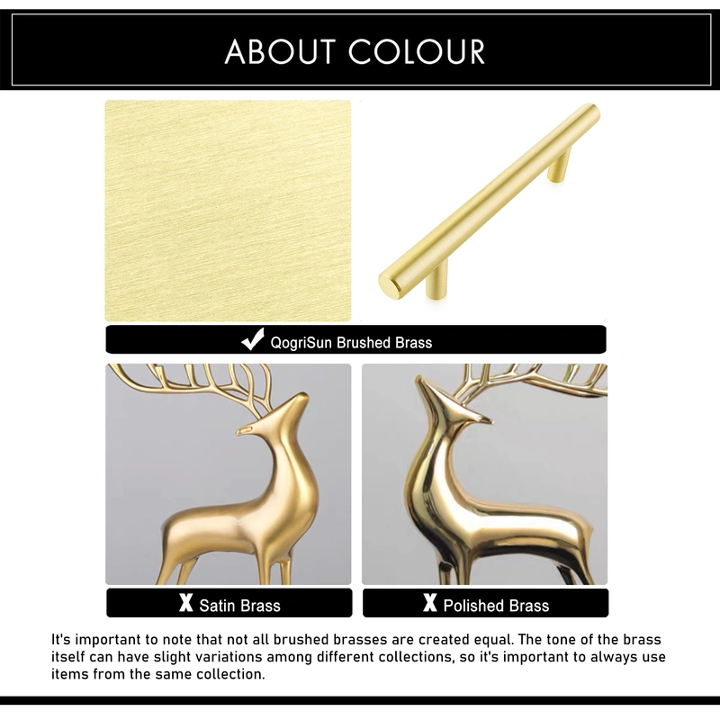 QogriSun Solid Brass Cabinet Pulls, Gold Euro Style T Bar Handles for Kitchen Drawer Dresser Cupboard Brushed Brass Finish