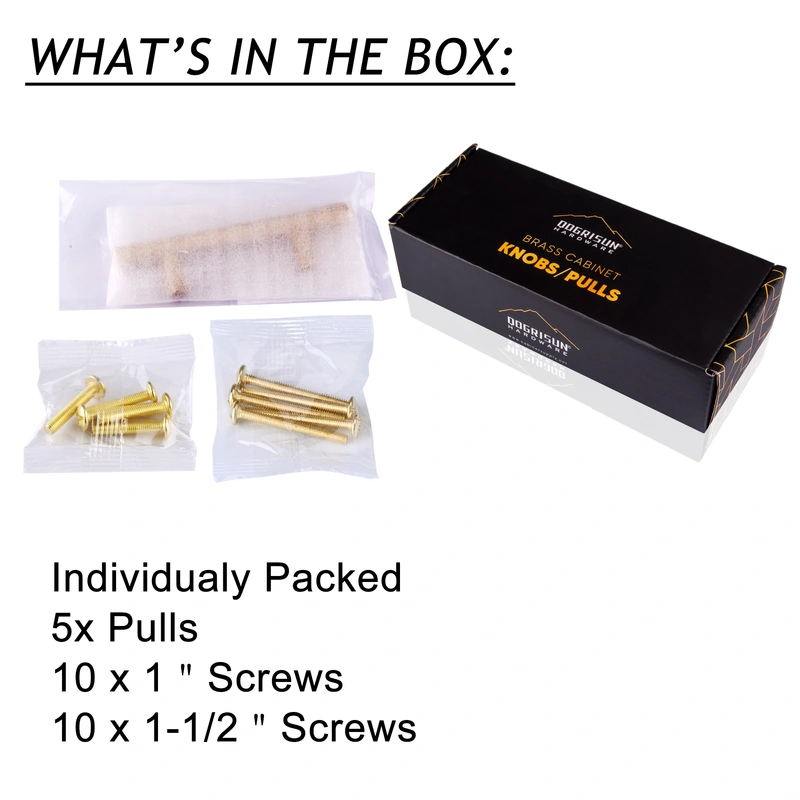 QogriSun Solid Brass Cabinet Pulls, Gold Euro Style T Bar Handles for Kitchen Drawer Dresser Cupboard Brushed Brass Finish