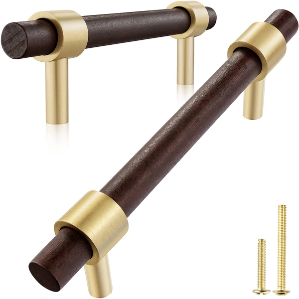 QogriSun 6-Pack Brass Wood Drawer Pulls, Gold Wood Cabinet Handles Dresser Pulls, 3-inch Hole Center, Modern Kitchen Furniture Hardware, 4-5/8-Inch Total Length