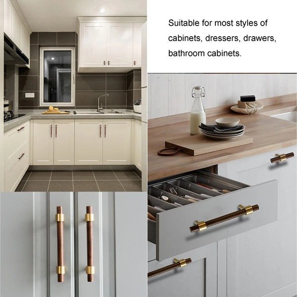 QogriSun 6-Pack Brass Wood Drawer Pulls, Gold Wood Cabinet Handles Dresser Pulls, 3-inch Hole Center, Modern Kitchen Furniture Hardware, 4-5/8-Inch Total Length