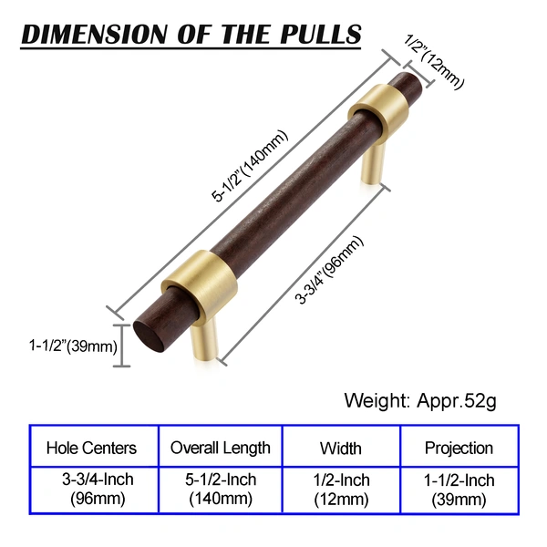 QogriSun 6-Pack Brass Wood Drawer Pulls, Gold Wood Cabinet Handles Dresser Pulls, 3-inch Hole Center, Modern Kitchen Furniture Hardware, 4-5/8-Inch Total Length