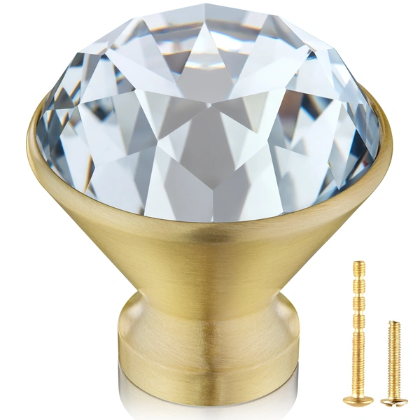 QogriSun 10-Pack Brass Crystal Cabinet Knobs, Glass Crystal Gold Drawer Knobs, 1-5/16-Inch Diamond, Decorative Dresser Pulls, Modern Cabinet Hardware