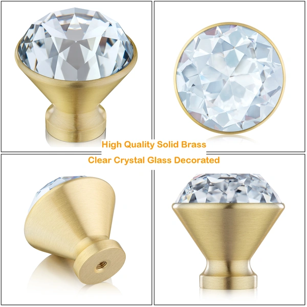 QogriSun 10-Pack Brass Crystal Cabinet Knobs, Glass Crystal Gold Drawer Knobs, 1-5/16-Inch Diamond, Decorative Dresser Pulls, Modern Cabinet Hardware