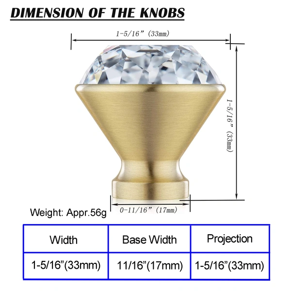 QogriSun 10-Pack Brass Crystal Cabinet Knobs, Glass Crystal Gold Drawer Knobs, 1-5/16-Inch Diamond, Decorative Dresser Pulls, Modern Cabinet Hardware