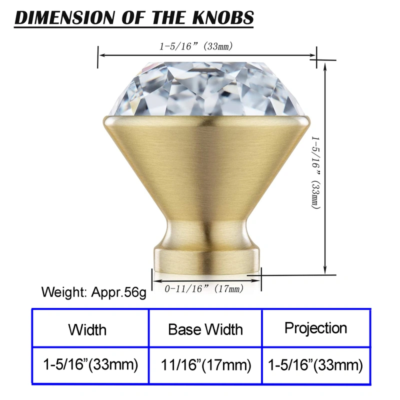 QogriSun 10-Pack Brass Crystal Cabinet Knobs, Glass Crystal Gold Drawer Knobs, 1-5/16-Inch Diamond, Decorative Dresser Pulls, Modern Cabinet Hardware
