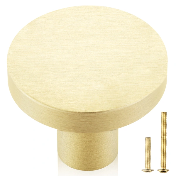 QOGRISUN Solid Brass Cabinet Knobs, 1-Inch Diameter, Round Gold Dresser Drawer Pulls Handles, Modern Kitchen Hardware, Brushed Brass Finish