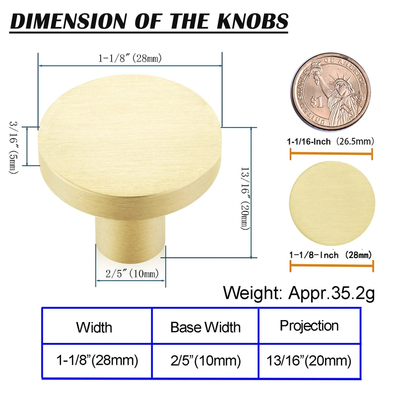 QOGRISUN Solid Brass Cabinet Knobs, 1-Inch Diameter, Round Gold Dresser Drawer Pulls Handles, Modern Kitchen Hardware, Brushed Brass Finish