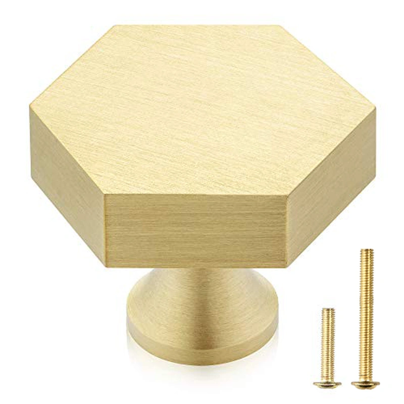 QogriSun 10-Pack Solid Brass Hexagon Cabinet Knobs, 1-1/4-Inch Diameter, Gold Decorative Dresser Drawer Pulls Handles, Modern Kitchen Hardware, Brushed Brass Finish
