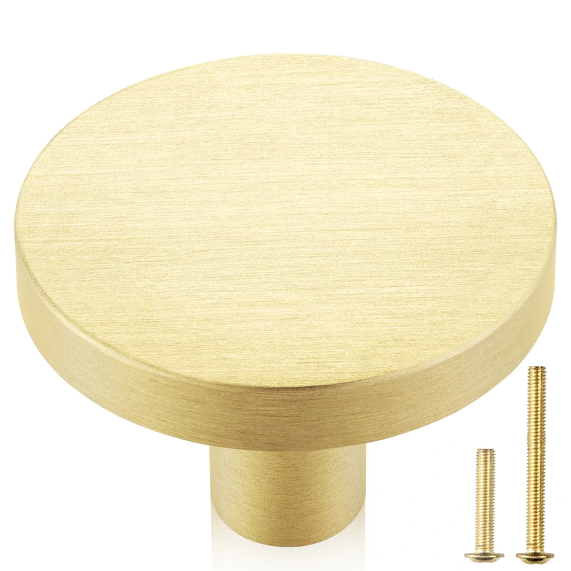 QOGRISUN Solid Brass Cabinet Knobs, Round Gold Dresser Drawer Pulls Handles, Modern Kitchen Hardware, Brushed Brass Finish