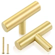 QOGRISUN 5-Pack Solid Brass Cabinet Knobs, Gold Euro Style T Bar Pulls, Single Hole Handles for Kitchen Drawer Dresser Cupboard, 2-Inch Total Length, Brushed Brass Finish