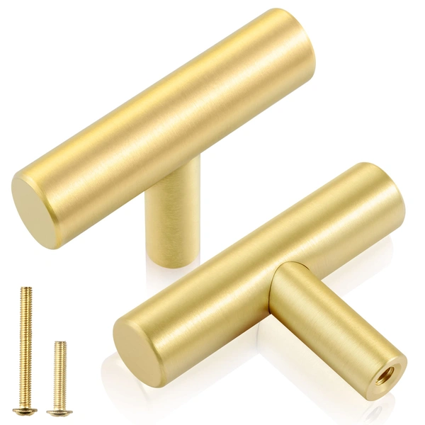 QOGRISUN 5-Pack Solid Brass Cabinet Knobs, Gold Euro Style T Bar Pulls, Single Hole Handles for Kitchen Drawer Dresser Cupboard, 2-Inch Total Length, Brushed Brass Finish