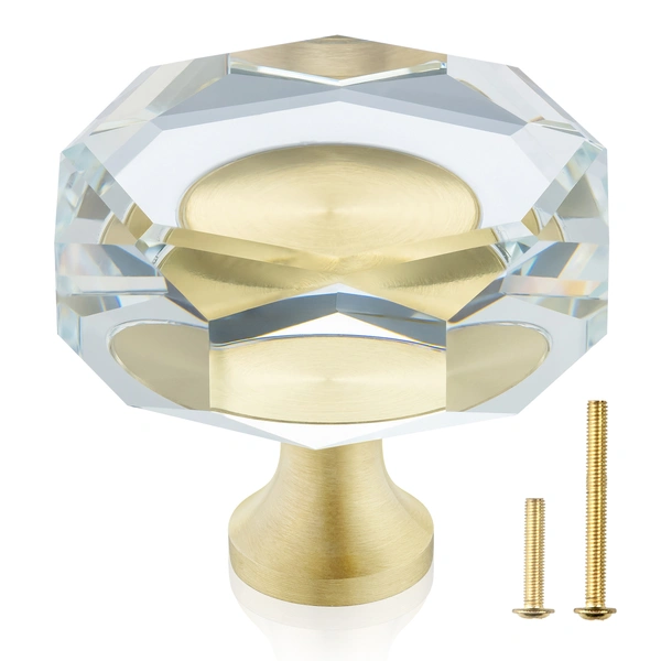 Glass Crystal Knobs Brass Drawer Knobs Dresser Pulls, 1-1/4-Inch Polygon, Gold Cabinet Hardware for Kitchen Bathroom