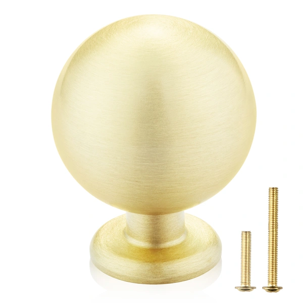 QogriSun Solid Brass Cabinet Knobs, Round Ball Gold Knobs for Dresser Drawer, Modern Kitchen Hardware, Brushed Brass Finish