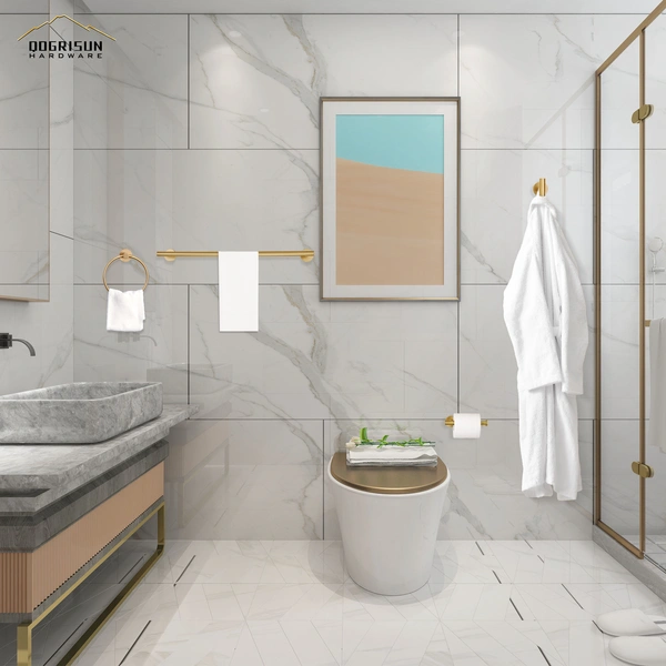 QOGRISUN 4-Piece Bathroom Hardware Set-Brass Towel Rack Set with 24- Inch Hand Towel Bar, Toilet Paper Holder, Towel Hooks, and Towel Ring, Brushed Gold…