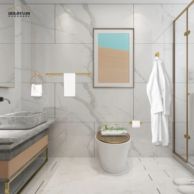 QOGRISUN 4-Piece Bathroom Hardware Set-Brass Towel Rack Set with 24- Inch Hand Towel Bar, Toilet Paper Holder, Towel Hooks, and Towel Ring, Brushed Gold…