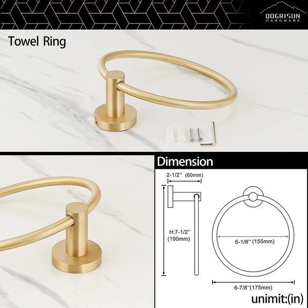 QOGRISUN 4-Piece Bathroom Hardware Set-Brass Towel Rack Set with 24- Inch Hand Towel Bar, Toilet Paper Holder, Towel Hooks, and Towel Ring, Brushed Gold…