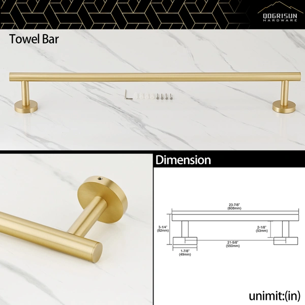 QOGRISUN 4-Piece Bathroom Hardware Set-Brass Towel Rack Set with 24- Inch Hand Towel Bar, Toilet Paper Holder, Towel Hooks, and Towel Ring, Brushed Gold…