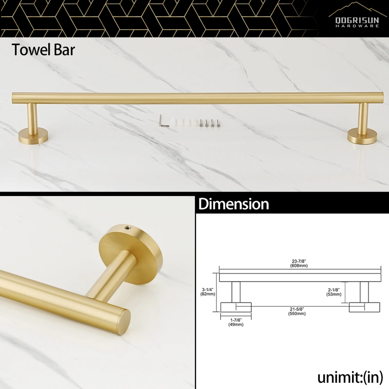 QOGRISUN 4-Piece Bathroom Hardware Set-Brass Towel Rack Set with 24- Inch Hand Towel Bar, Toilet Paper Holder, Towel Hooks, and Towel Ring, Brushed Gold…