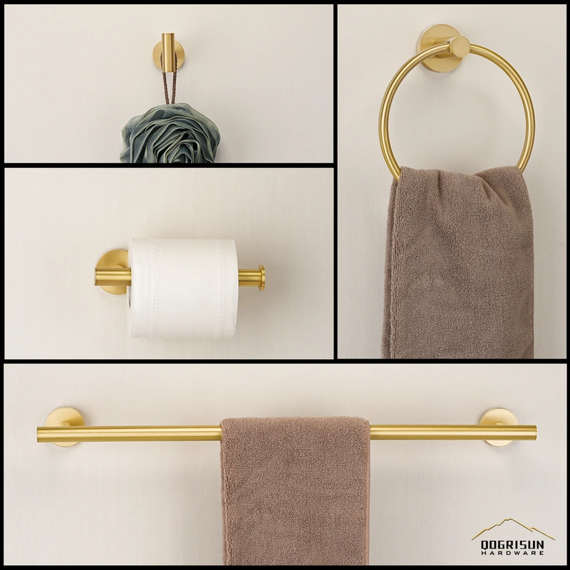 QOGRISUN 4-Piece Bathroom Hardware Set-Brass Towel Rack Set with 24- Inch Hand Towel Bar, Toilet Paper Holder, Towel Hooks, and Towel Ring, Brushed Gold…