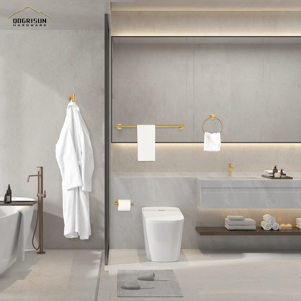 QOGRISUN 4-Piece Bathroom Hardware Set-Brass Towel Rack Set with 24- Inch Hand Towel Bar, Toilet Paper Holder, Towel Hooks, and Towel Ring, Brushed Gold…