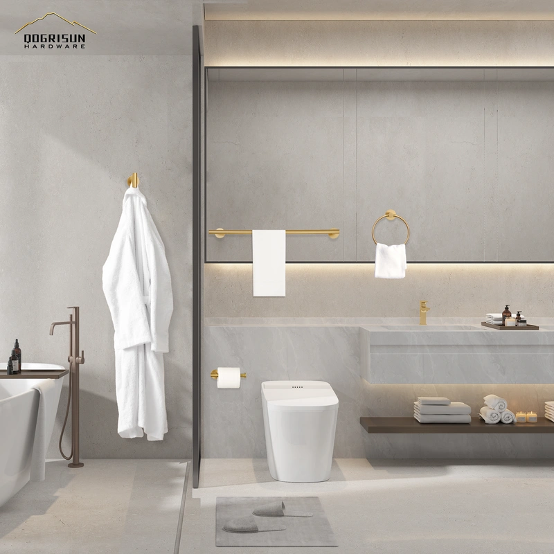 QOGRISUN 4-Piece Bathroom Hardware Set-Brass Towel Rack Set with 24- Inch Hand Towel Bar, Toilet Paper Holder, Towel Hooks, and Towel Ring, Brushed Gold…