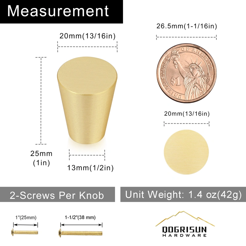 Solid Brass Knobs for Dresser Drawer, Mid Century Gold Cabinet Knobs, 0.8-Inch Diameter, Cone Knobs Pulls for Kitchen Bathroom Cabinets, Brushed Finish