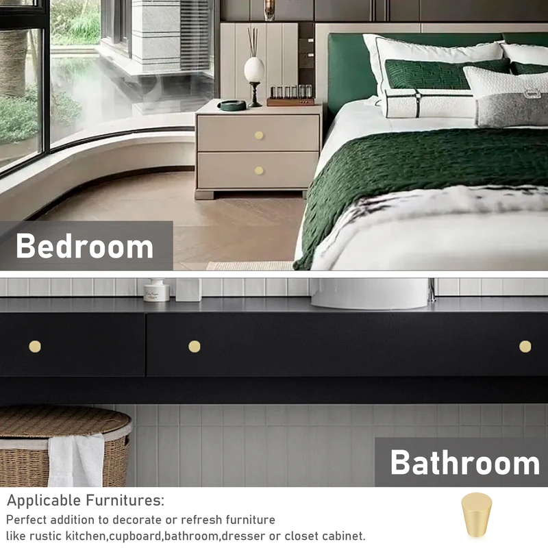 Solid Brass Knobs for Dresser Drawer, Mid Century Gold Cabinet Knobs, 0.8-Inch Diameter, Cone Knobs Pulls for Kitchen Bathroom Cabinets, Brushed Finish