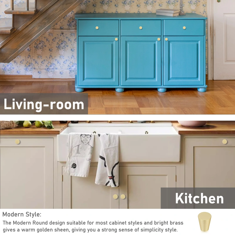 Solid Brass Knobs for Dresser Drawer, Mid Century Gold Cabinet Knobs, 0.8-Inch Diameter, Cone Knobs Pulls for Kitchen Bathroom Cabinets, Brushed Finish