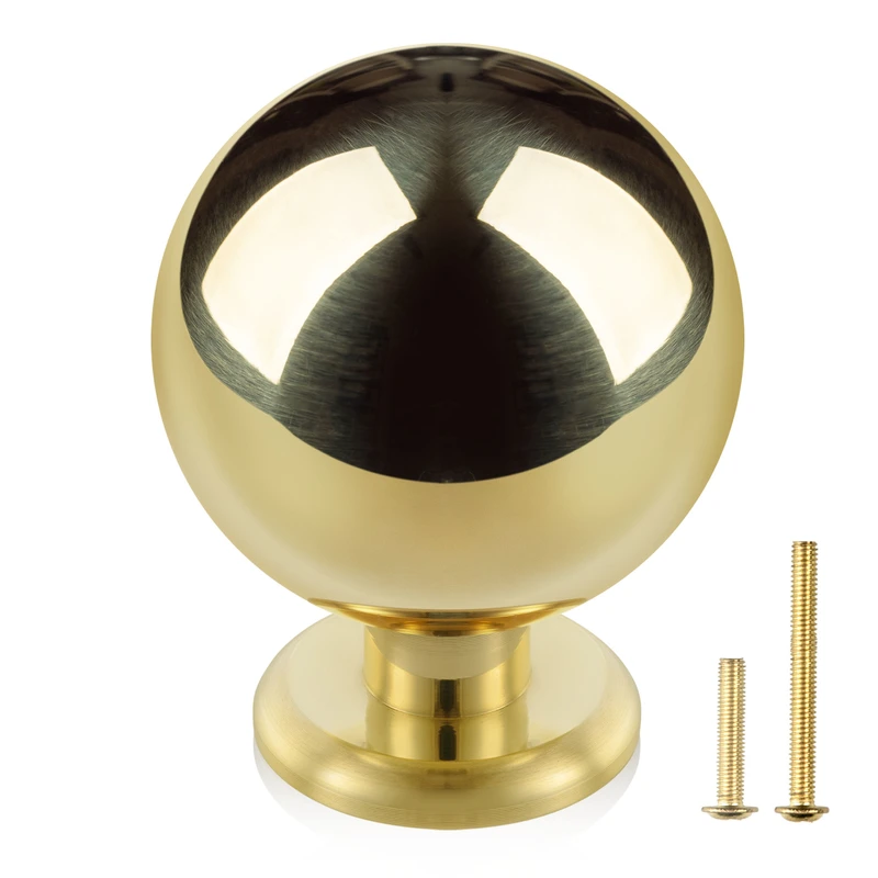 QOGRISUN 10-Pack Unlacquered Brass Cabinet Knobs, Round Ball Gold Knobs for Dresser Drawer, 1.1-Inch Diameter, Sphere Cabinet Pulls,Lead-Free Polished Brass Finish