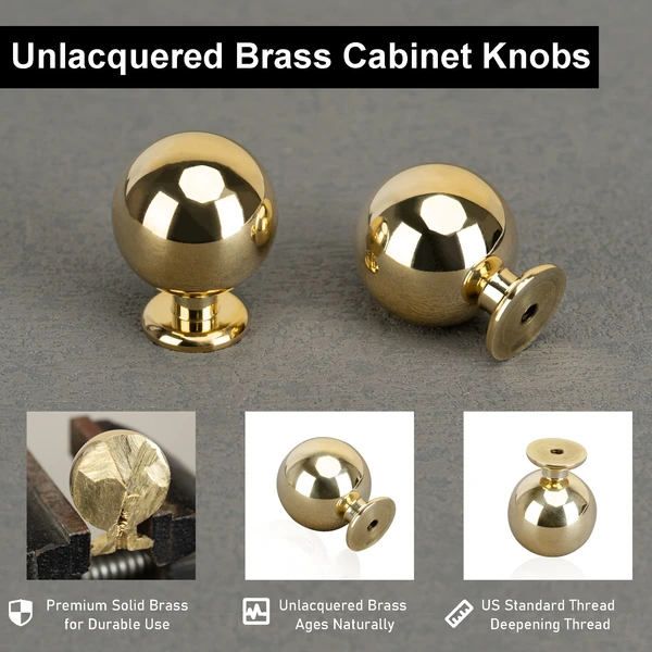 QOGRISUN 10-Pack Unlacquered Brass Cabinet Knobs, Round Ball Gold Knobs for Dresser Drawer, 1.1-Inch Diameter, Sphere Cabinet Pulls,Lead-Free Polished Brass Finish