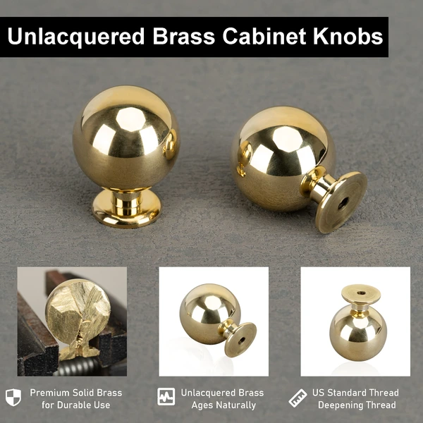QOGRISUN 10-Pack Unlacquered Brass Cabinet Knobs, Round Ball Gold Knobs for Dresser Drawer, 1.1-Inch Diameter, Sphere Cabinet Pulls,Lead-Free Polished Brass Finish