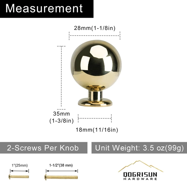 QOGRISUN 10-Pack Unlacquered Brass Cabinet Knobs, Round Ball Gold Knobs for Dresser Drawer, 1.1-Inch Diameter, Sphere Cabinet Pulls,Lead-Free Polished Brass Finish