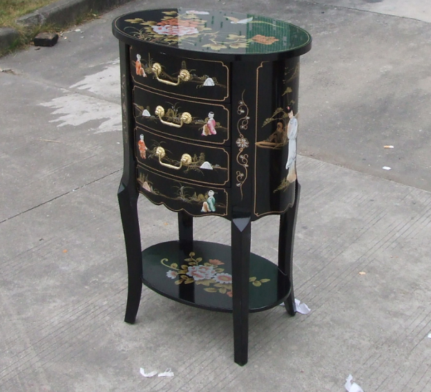lacquer  oriental asia chinoiserie chinese furniture black mother of pearl inlaid  hand painted drawer table