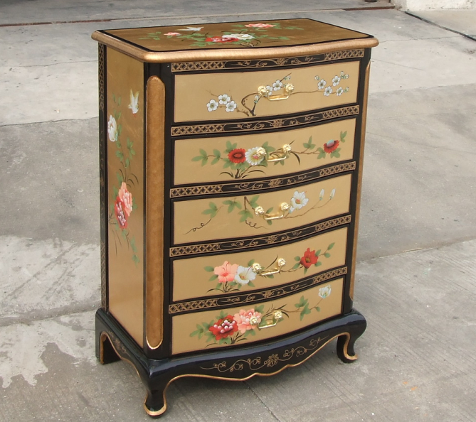 lacquer  oriental asia chinoiserie chinese furniture gold  hand painted drawer cabinet