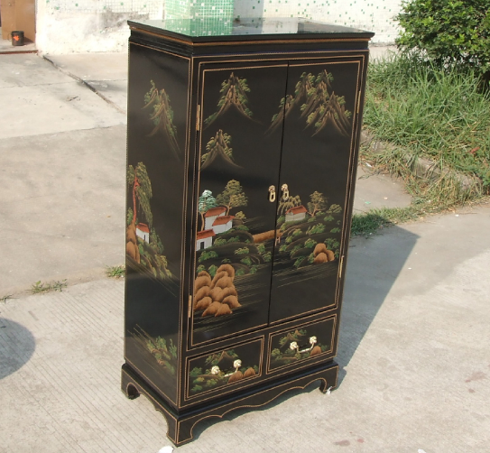 lacquer  oriental asia chinoiserie chinese furniture black hand painted cabinet 