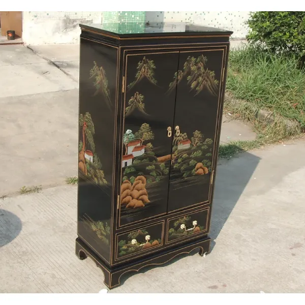 lacquer  oriental asia chinoiserie chinese furniture black hand painted cabinet 