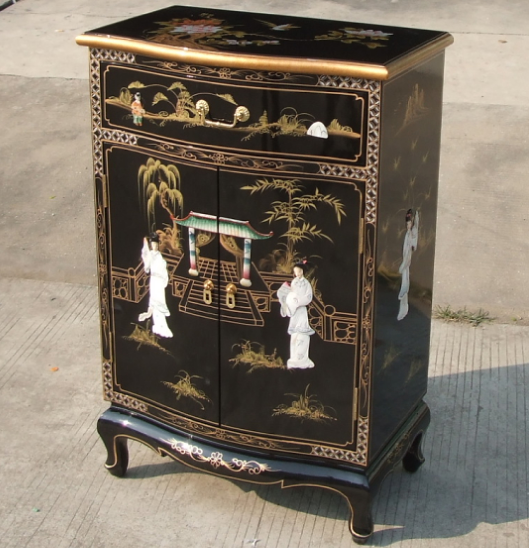 lacquer  oriental asia chinoiserie chinese furniture black mother of pearl inlaid hand painted cabinet 