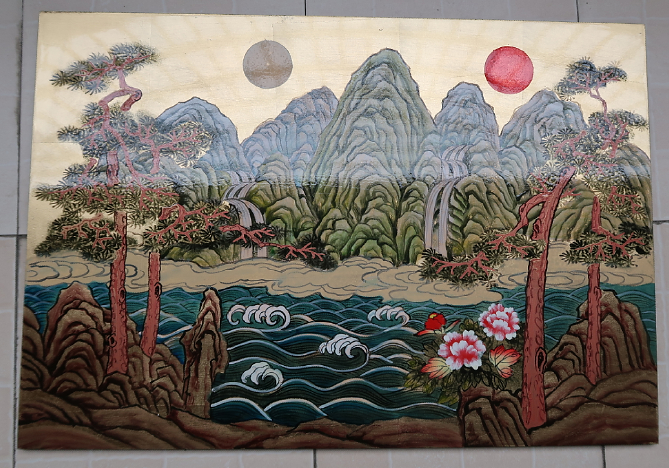 lacquer  oriental asia chinoiserie chinese furniture gold korean sun moon five peak hanging paintings