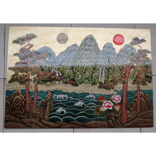 lacquer  oriental asia chinoiserie chinese furniture gold korean sun moon five peak hanging paintings