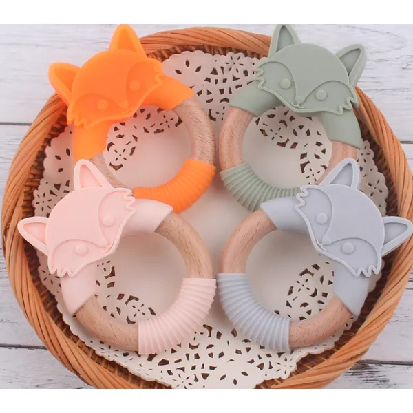 Silicone Baby Infant Gum Wooden Ring Fox Shaped Roden Gum Toy