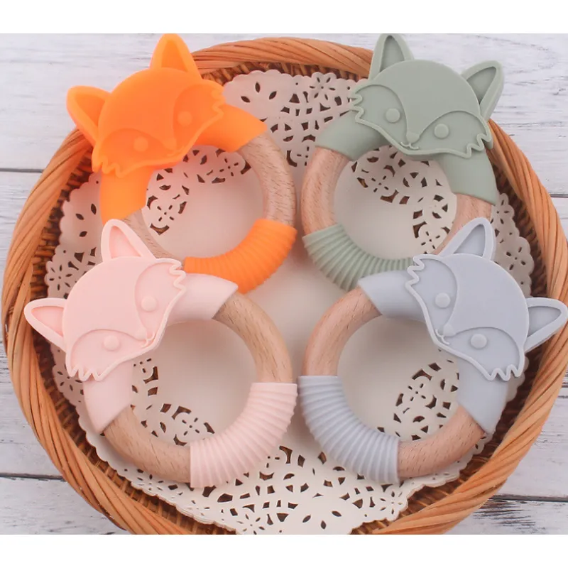 Silicone Baby Infant Gum Wooden Ring Fox Shaped Roden Gum Toy