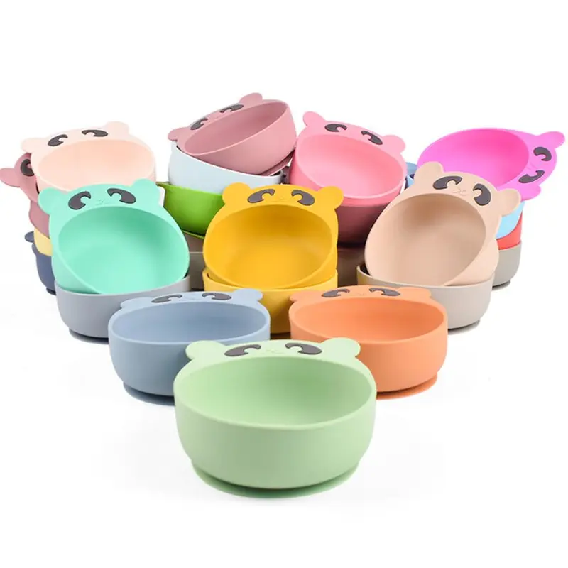 Children's silicone bowl spoon fork set, bear suction cup bowl