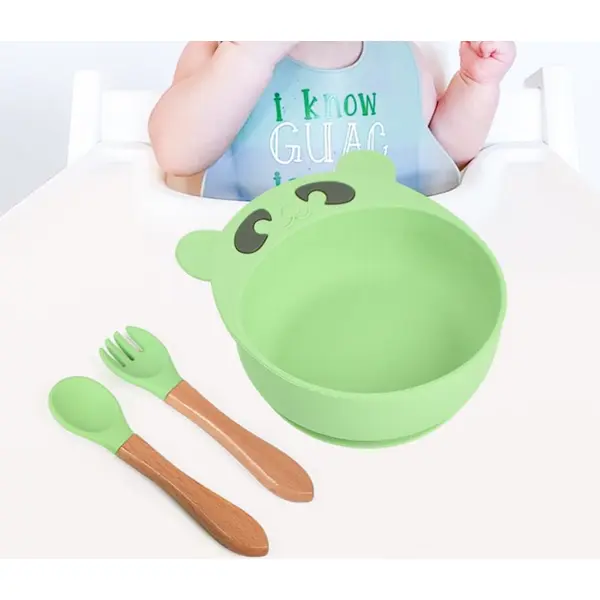 Children's silicone bowl spoon fork set, bear suction cup bowl