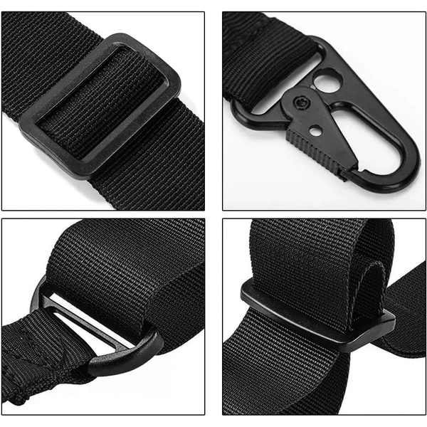 Двухточечная система с регулируемой длиной и металлическим карабином, идеальная для активного отдыха на природе.