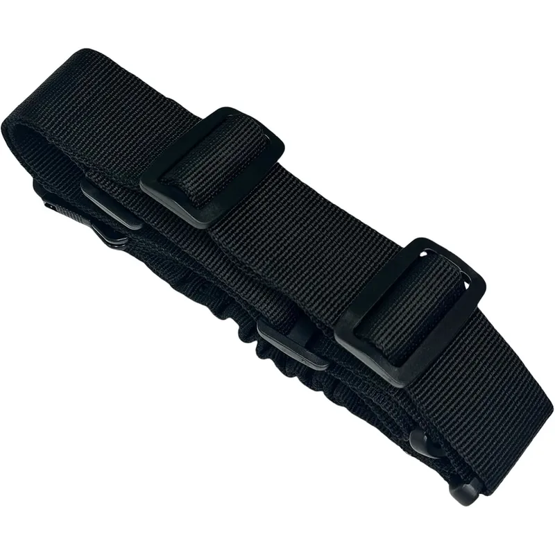 Двухточечная система с регулируемой длиной и металлическим карабином, идеальная для активного отдыха на природе.