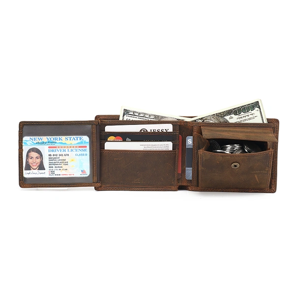 Genuine Leather Trifold RFID Wallet For Men With Flip Out ID Holder 