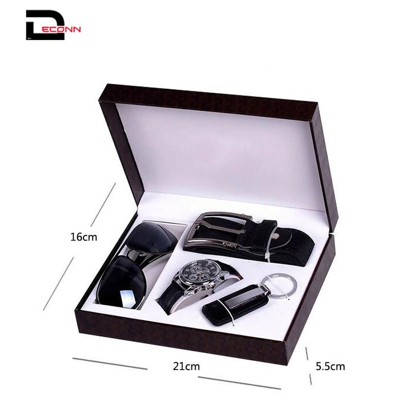  Mens Artificial Leather Belt Watch Key Chain Sun Glass Gift Set Box