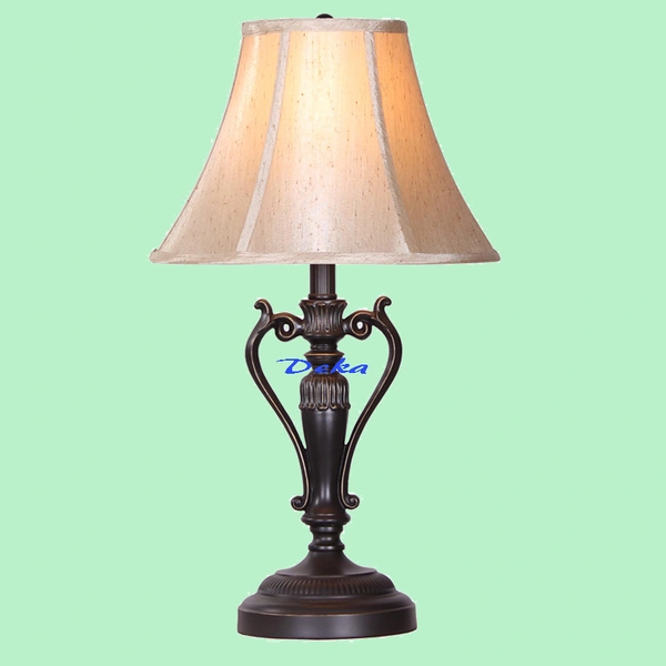 Traditional bronze table lamp with beige fabric shade